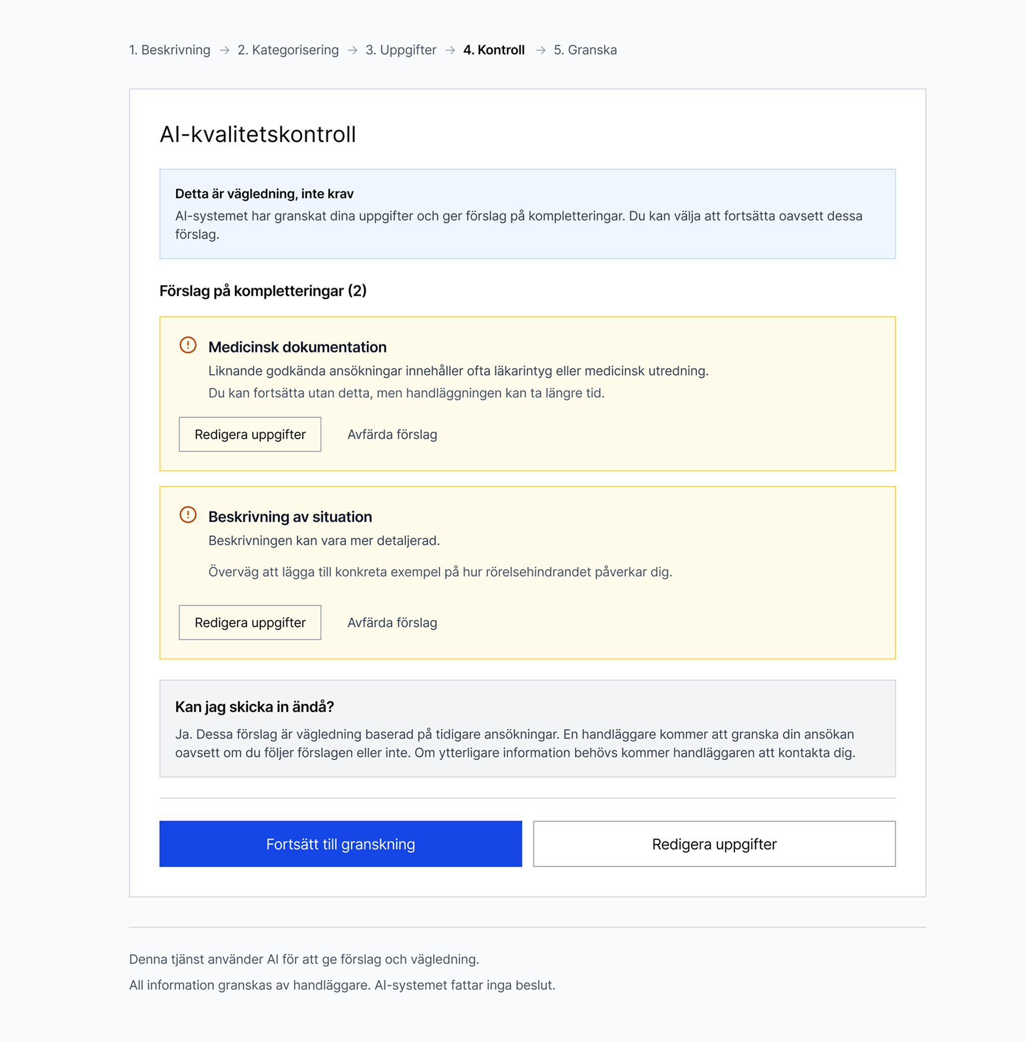 Quality check, the AI assistant provides suggestions for additions.